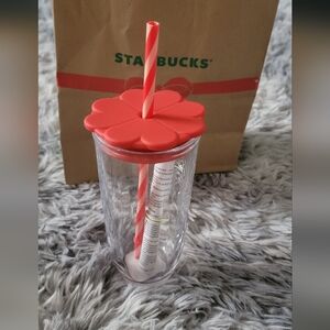 Starbucks Clear Glass Heart Tumbler with Red Heart Lid And Heart Shaped Bottom
